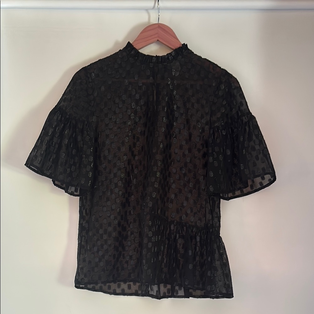 H&M Black Flutter Sleeve Blouse with Mandarin Collar